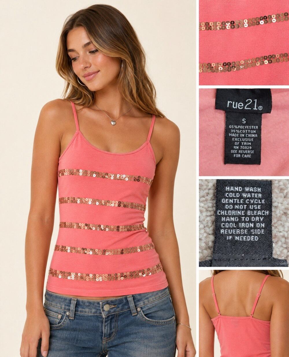 Y2K Indie Sleaze Layering rue21 Women's Sequin Stripe Cami Sz Small Coral Pink